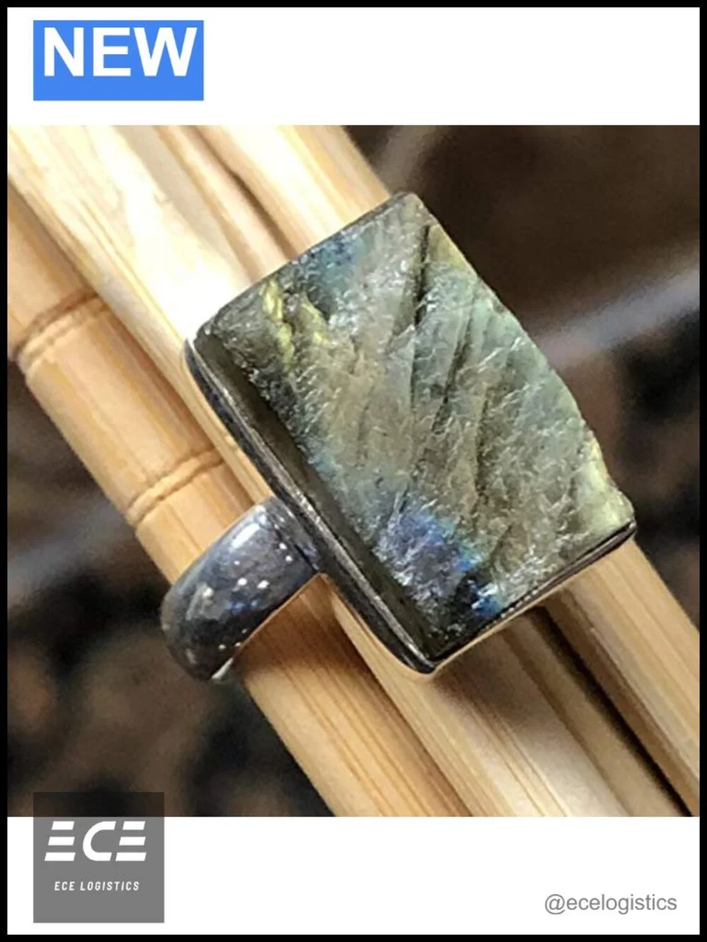 Natural Labradorite 925 Sterling Silver Ring Size 8.25 Emerald-Shape Solitaire